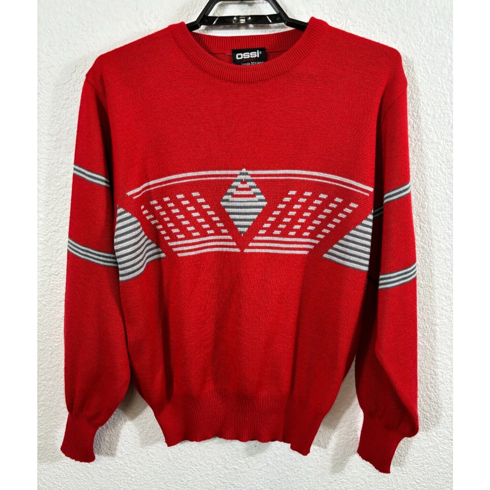 Ossi Sweater Mens Size Small Skiwear Red Nordic Wool Blend Geometric